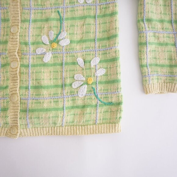 Talbots Petites Green Knit Yellow Checkered Embroidered Daisy Button Cardigan P - Picture 6 of 11